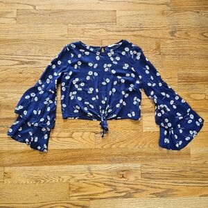 Altar'd State Size S Navy Blue Bell Sleeve Blouse Daisy Floral Pattern Tie Front